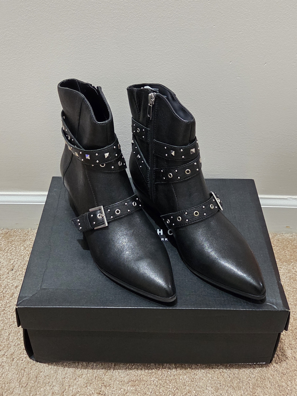 Kenneth Cole Cheyenne Stud Black Pointed-Toe Studded Ankle Booties - Women